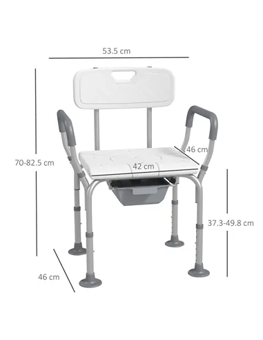 HOMCOM Height Adjustable Shower Stool with Arms and Back, Non-Slip Bedside Commode with Detachable Bucket for Elderly, White