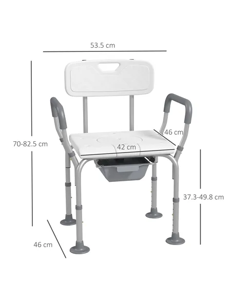 HOMCOM Height Adjustable Shower Stool with Arms and Back, Non-Slip Bedside Commode with Detachable Bucket for Elderly, White