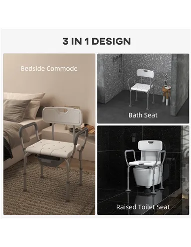 HOMCOM Height Adjustable Shower Stool with Arms and Back, Non-Slip Bedside Commode with Detachable Bucket for Elderly, White