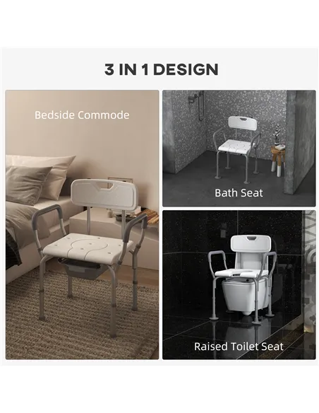 HOMCOM Height Adjustable Shower Stool with Arms and Back, Non-Slip Bedside Commode with Detachable Bucket for Elderly, White