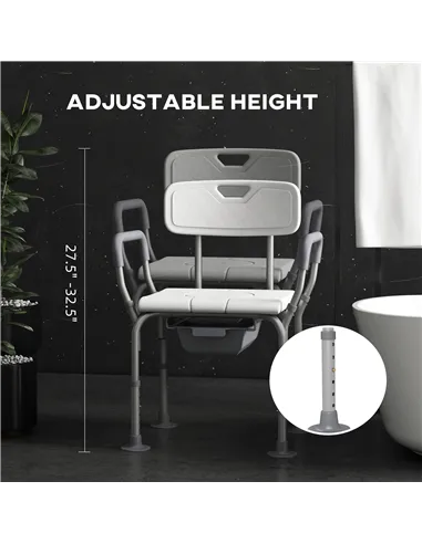 HOMCOM Height Adjustable Shower Stool with Arms and Back, Non-Slip Bedside Commode with Detachable Bucket for Elderly, White