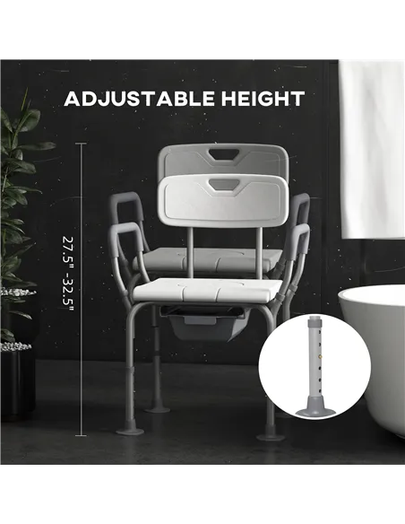 HOMCOM Height Adjustable Shower Stool with Arms and Back, Non-Slip Bedside Commode with Detachable Bucket for Elderly, White