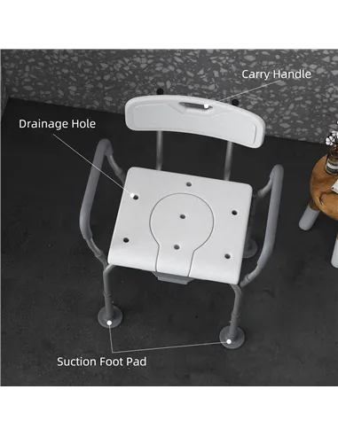 HOMCOM Height Adjustable Shower Stool with Arms and Back, Non-Slip Bedside Commode with Detachable Bucket for Elderly, White