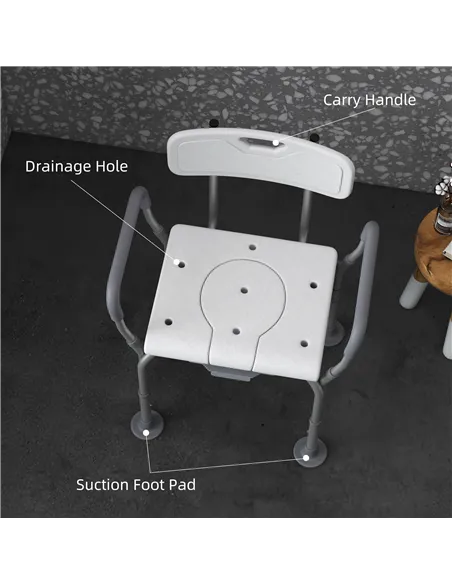 HOMCOM Height Adjustable Shower Stool with Arms and Back, Non-Slip Bedside Commode with Detachable Bucket for Elderly, White