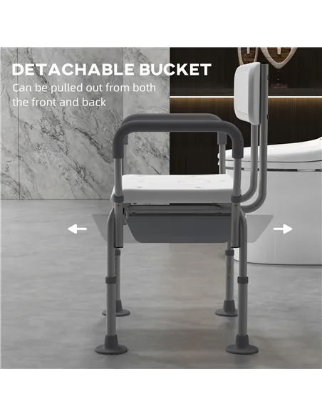 HOMCOM Height Adjustable Shower Stool with Arms and Back, Non-Slip Bedside Commode with Detachable Bucket for Elderly, White