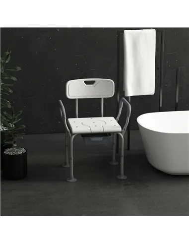 HOMCOM Height Adjustable Shower Stool with Arms and Back, Non-Slip Bedside Commode with Detachable Bucket for Elderly, White