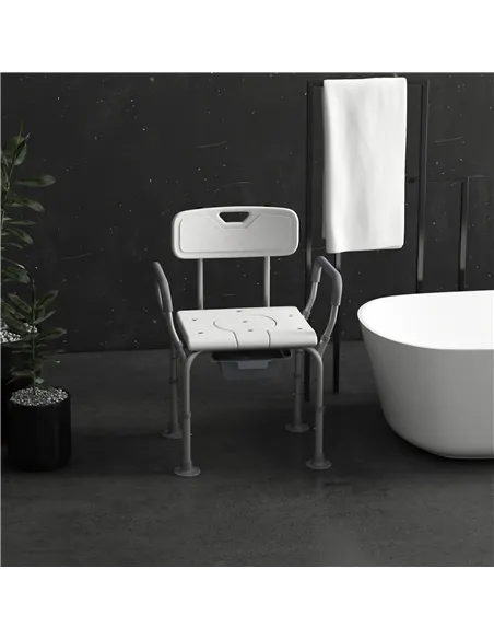 HOMCOM Height Adjustable Shower Stool with Arms and Back, Non-Slip Bedside Commode with Detachable Bucket for Elderly, White