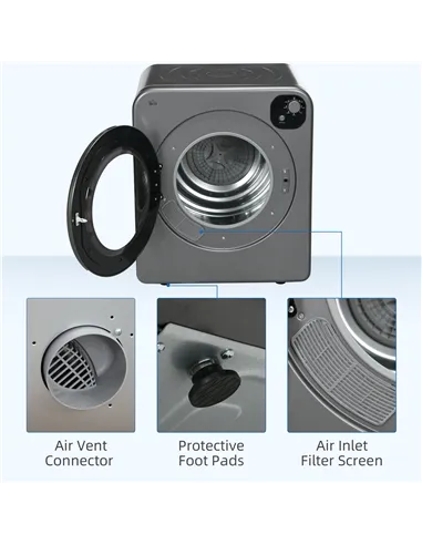 HOMCOM 6kg Vented Tumble Dryer, Freestanding, Wall Mounted, Stackable, Portable Dryer with 7 Programmers, Grey