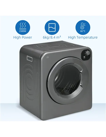 HOMCOM 6kg Vented Tumble Dryer, Freestanding, Wall Mounted, Stackable, Portable Dryer with 7 Programmers, Grey