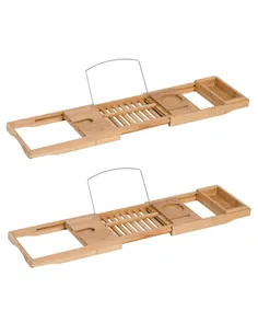 HOMCOM Extendable Bamboo Bathtub Shelf Rack Bath Caddy Tray Bathroom Storage, Set of 2