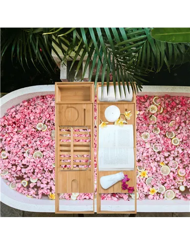 HOMCOM Extendable Bamboo Bathtub Shelf Rack Bath Caddy Tray Bathroom Storage, Set of 2