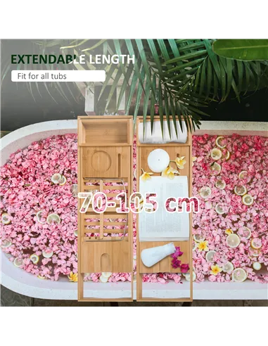 HOMCOM Extendable Bamboo Bathtub Shelf Rack Bath Caddy Tray Bathroom Storage, Set of 2