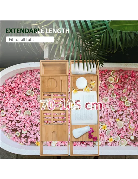 HOMCOM Extendable Bamboo Bathtub Shelf Rack Bath Caddy Tray Bathroom Storage, Set of 2