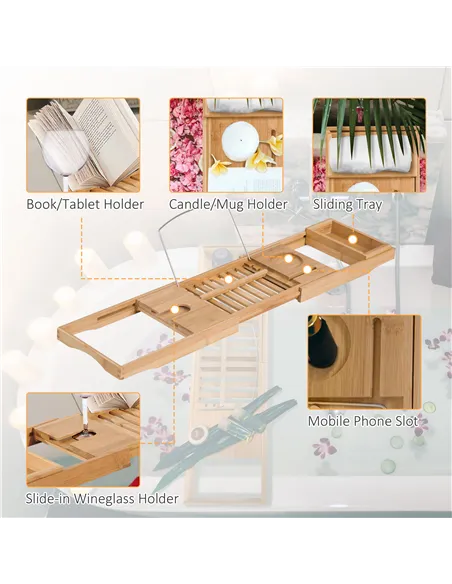 HOMCOM Extendable Bamboo Bathtub Shelf Rack Bath Caddy Tray Bathroom Storage, Set of 2
