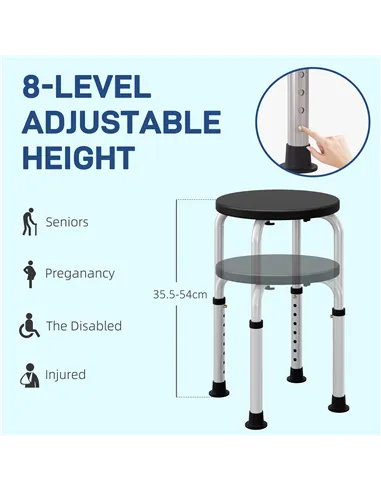 HOMCOM Shower Chair, Height Adjustable Aluminium Shower Stool with Non-Slip Feet for Disabled, Elderly, Black