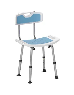 HOMCOM Shower Stool with Backrest, Height Adjustable Shower Chair with Anti-slip Foot Pads, Shower Head Holder, Light Blue