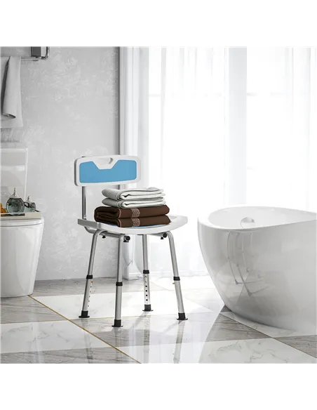 HOMCOM Shower Stool with Backrest, Height Adjustable Shower Chair with Anti-slip Foot Pads, Shower Head Holder, Light Blue