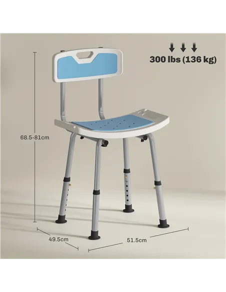 HOMCOM Shower Stool with Backrest, Height Adjustable Shower Chair with Anti-slip Foot Pads, Shower Head Holder, Light Blue