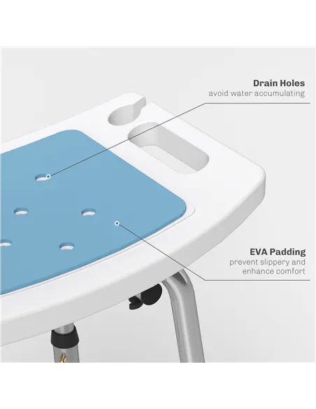 HOMCOM Shower Stool with Backrest, Height Adjustable Shower Chair with Anti-slip Foot Pads, Shower Head Holder, Light Blue