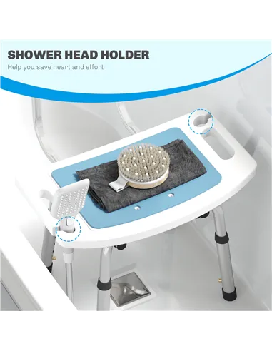 HOMCOM Shower Stool with Backrest, Height Adjustable Shower Chair with Anti-slip Foot Pads, Shower Head Holder, Light Blue