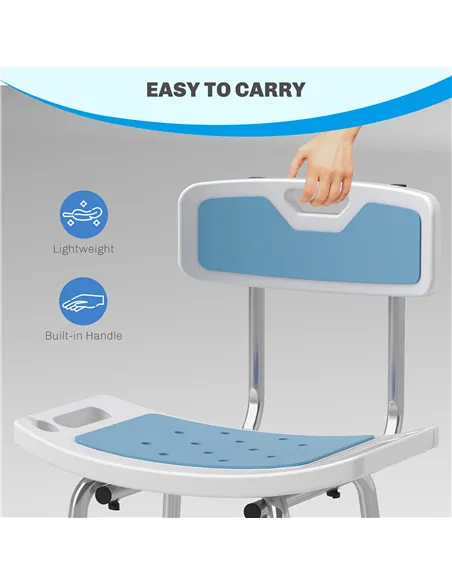 HOMCOM Shower Stool with Backrest, Height Adjustable Shower Chair with Anti-slip Foot Pads, Shower Head Holder, Light Blue