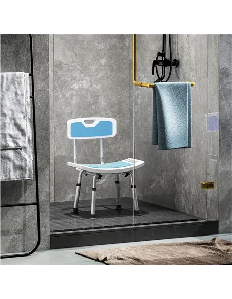 HOMCOM Shower Stool with Backrest, Height Adjustable Shower Chair with Anti-slip Foot Pads, Shower Head Holder, Light Blue