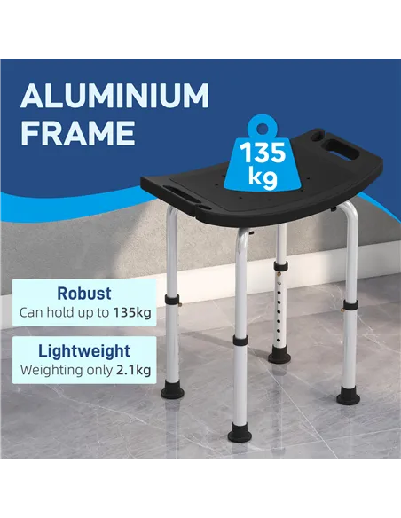 HOMCOM Height Adjustable Bath Stool, Aluminium Shower Stool with Non-Slip Pads for Elderly, Disabled, Seniors, Pregnant, Black