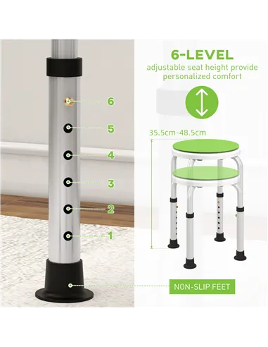 HOMCOM 360° Swivel Shower Chair, Height Adjustable Aluminium Shower Stool with Non-Slip Feet for Disabled, Elderly, Green