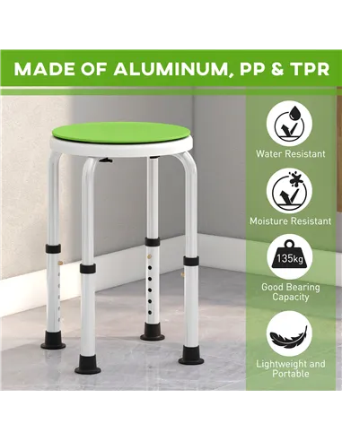 HOMCOM 360° Swivel Shower Chair, Height Adjustable Aluminium Shower Stool with Non-Slip Feet for Disabled, Elderly, Green