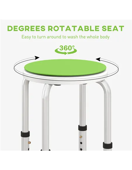 HOMCOM 360° Swivel Shower Chair, Height Adjustable Aluminium Shower Stool with Non-Slip Feet for Disabled, Elderly, Green