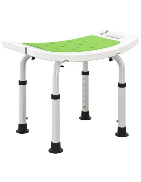 HOMCOM 6-Level Height Adjustable Aluminium Bath Room Stool Chair Shower Non-Slip Design w/ Padded Seat Drainage Holes Foot Pad, 