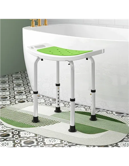 HOMCOM 6-Level Height Adjustable Aluminium Bath Room Stool Chair Shower Non-Slip Design w/ Padded Seat Drainage Holes Foot Pad, 