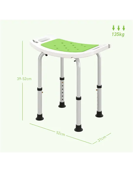 HOMCOM 6-Level Height Adjustable Aluminium Bath Room Stool Chair Shower Non-Slip Design w/ Padded Seat Drainage Holes Foot Pad, 