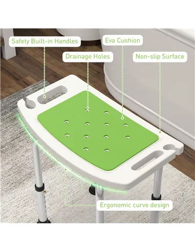 HOMCOM 6-Level Height Adjustable Aluminium Bath Room Stool Chair Shower Non-Slip Design w/ Padded Seat Drainage Holes Foot Pad, 