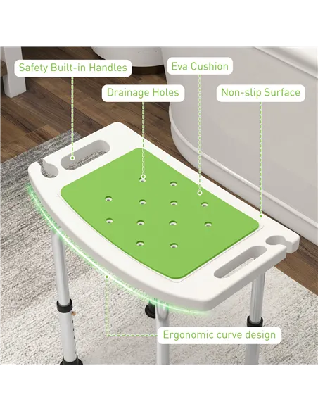 HOMCOM 6-Level Height Adjustable Aluminium Bath Room Stool Chair Shower Non-Slip Design w/ Padded Seat Drainage Holes Foot Pad, 