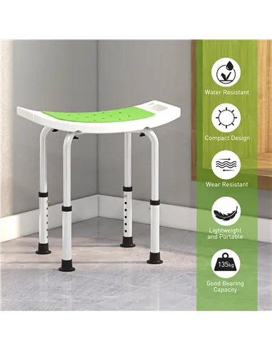 HOMCOM 6-Level Height Adjustable Aluminium Bath Room Stool Chair Shower Non-Slip Design w/ Padded Seat Drainage Holes Foot Pad, 
