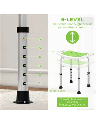 HOMCOM 6-Level Height Adjustable Aluminium Bath Room Stool Chair Shower Non-Slip Design w/ Padded Seat Drainage Holes Foot Pad, 