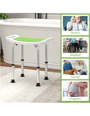 HOMCOM 6-Level Height Adjustable Aluminium Bath Room Stool Chair Shower Non-Slip Design w/ Padded Seat Drainage Holes Foot Pad, 