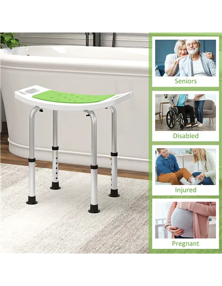 HOMCOM 6-Level Height Adjustable Aluminium Bath Room Stool Chair Shower Non-Slip Design w/ Padded Seat Drainage Holes Foot Pad, 