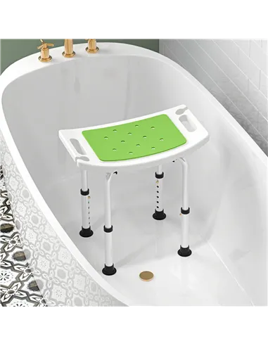 HOMCOM 6-Level Height Adjustable Aluminium Bath Room Stool Chair Shower Non-Slip Design w/ Padded Seat Drainage Holes Foot Pad, 