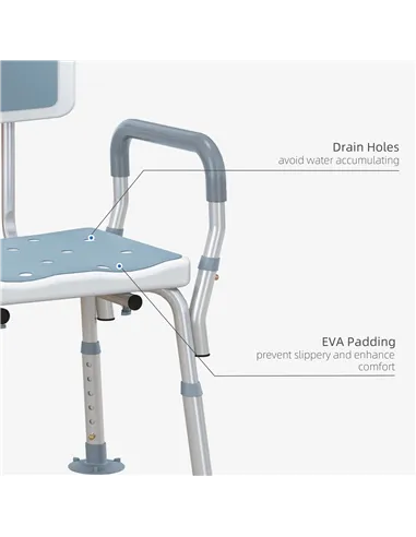 HOMCOM EVA Padded Shower Chair for the Elderly and Disabled, Height Adjustable Shower Stool with Back and Arms, 4 Suction Foot P