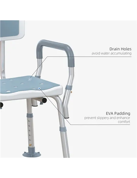 HOMCOM EVA Padded Shower Chair for the Elderly and Disabled, Height Adjustable Shower Stool with Back and Arms, 4 Suction Foot P