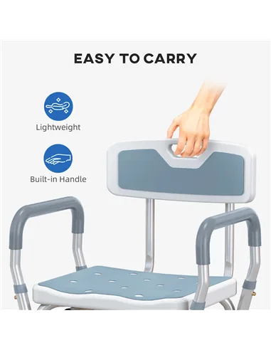 HOMCOM EVA Padded Shower Chair for the Elderly and Disabled, Height Adjustable Shower Stool with Back and Arms, 4 Suction Foot P