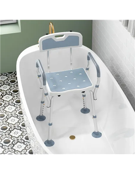 HOMCOM EVA Padded Shower Chair for the Elderly and Disabled, Height Adjustable Shower Stool with Back and Arms, 4 Suction Foot P