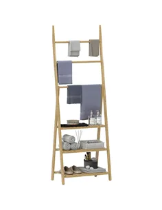 HOMCOM Three-Shelf Bamboo Storage Unit, with Towel Racks - Natural Finish