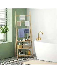 HOMCOM Three-Shelf Bamboo Storage Unit, with Towel Racks - Natural Finish 2