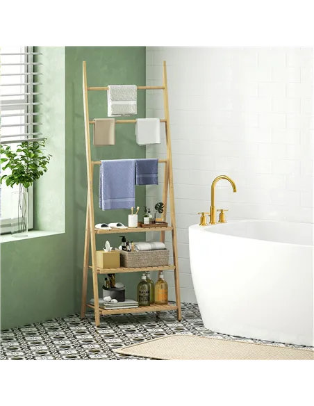 HOMCOM Three-Shelf Bamboo Storage Unit, with Towel Racks - Natural Finish