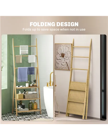 HOMCOM Three-Shelf Bamboo Storage Unit, with Towel Racks - Natural Finish