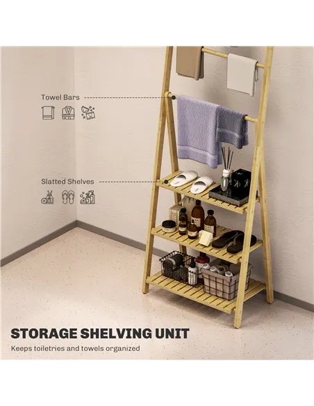 HOMCOM Three-Shelf Bamboo Storage Unit, with Towel Racks - Natural Finish