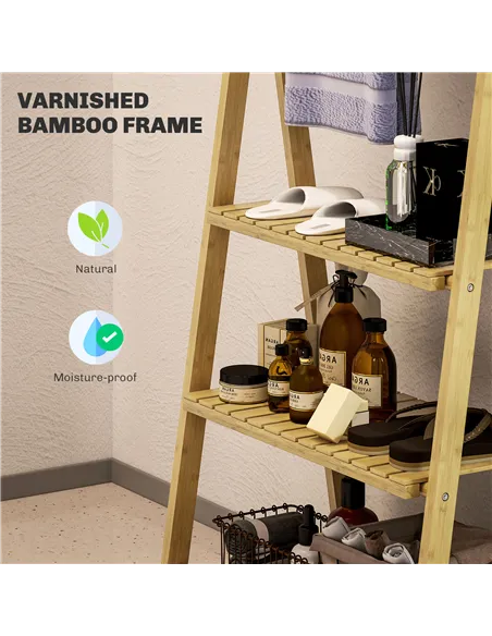 HOMCOM Three-Shelf Bamboo Storage Unit, with Towel Racks - Natural Finish